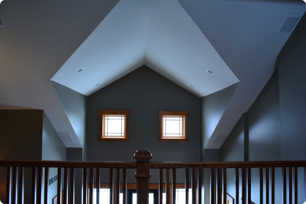 View Towards Front of House from Upstairs Office Overlooking Living Room Below